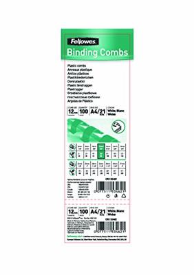 Fellowes bindruggen, pak van 100 stuks, 12 mm, wit Fellowes bindruggen, pak van 100 stuks, 12 mm, wit