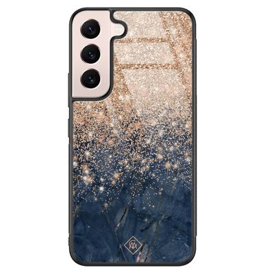 Samsung Galaxy S22 glazen hardcase - Marmer blauw rosegoud