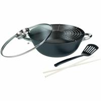 GSW wokset, 5-delig, roestvrijstalen handgrepen, aroma glazen deksel, gemaakt van gietijzer, met rekje - thumbnail