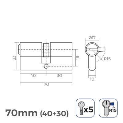 Cilinder EDM r15 Europees Lange hendel Zilverkleurig Nikkel 70 mm Cilinder EDM r15 Europees Lange hendel Zilverkleurig Nikkel 70 mm