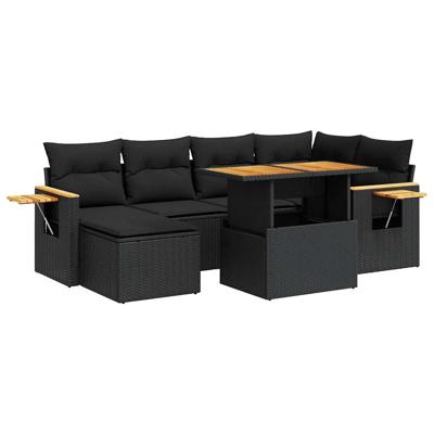 7-delige Loungeset met kussens poly rattan acacia zwart