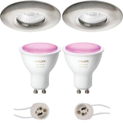 GU10 Inbouwspot Set - Mat Nikkel - Inbouw Rond - Waterdicht IP65 - Philips Hue - White and Color Ambiance - Bluetooth - Pragmi Luno Pro - Ø82mm