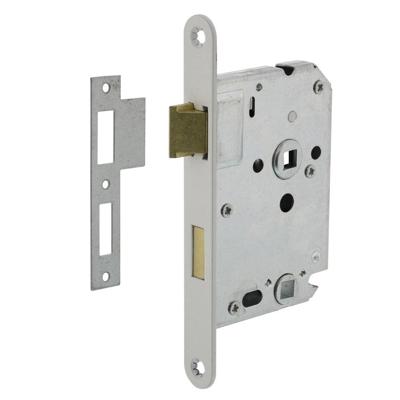 Woningbouw badkamer/toilet slot 63/8mm, voorplaat afgerond wit gelakt, 20x174, doorn 50mm incl. slui