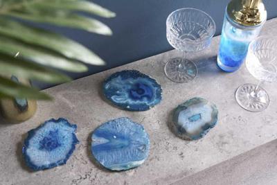 Set van 4 onderzetters voor glazen COASTER 10cm blauwe edelsteen agaatkwarts handgemaakt - 41556