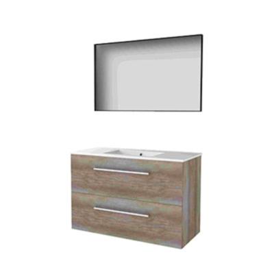 Basic-Line Framed 46 Badkamermeubelset - 100 x 46 cm - Met Grepen - 2 Lades - Keramische Wastafel - 1 Kraangat - Spiegel met Zwart Aluminium Frame - Scotch Oak