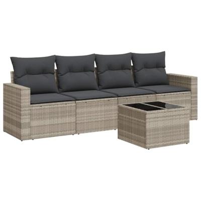 5-delige Loungeset met kussens poly rattan lichtgrijs