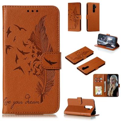 Voor Xiaomi Redmi Note 8 Pro Feather patroon Litchi textuur horizontale Flip lederen draagtas met houder & portemonnee & kaartsleuven (bruin)