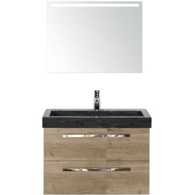 Seville Badmeubelset 80 cm - Natuur Eiken - Wastafel Hardsteen Wit Lucca met Sence Spiegel