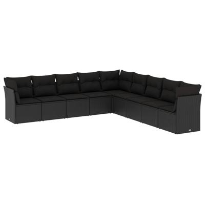 10-delige Loungeset met kussens poly rattan zwart