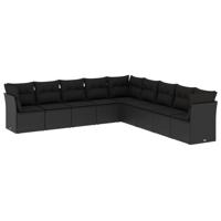 10-delige Loungeset met kussens poly rattan zwart - thumbnail
