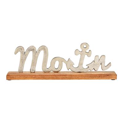 Decoratie met tekst "Moin", maritiem decor op voetstuk van mangohout/metaal, zilver/bruin (B/H/D) 40x13x5 cm