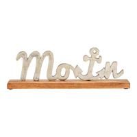 Decoratie met tekst "Moin", maritiem decor op voetstuk van mangohout/metaal, zilver/bruin (B/H/D) 40x13x5 cm - thumbnail