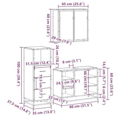 3-delige Badkamermeubelset bewerkt hout grijs sonoma eikenkleur