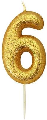 Nummerkaars &apos;6&apos; Glittergoud