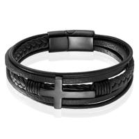 Mendes Jewelry Roestvrijstalen en Echt Lederen Heren Armband met Groot Kruis in Zwart -23cm - thumbnail