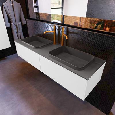 Badkamermeubelset Mondiaz Erin 150 cm met 2 Lades met RIDGE Wastafel Dubbel Dark grey met 2 kraangaten Greeploos Mat Talc