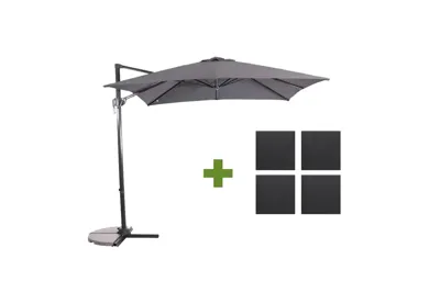 Grote Zweefparasol Libra Grijs 2,5x2,5m met steen-beton tegels parasolvoet