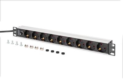 Digitus DN-95437 19 inch 19inch-patchkast Geaarde contactdoos Incl. 2 metalen houders, Overstroombeveiliging Zilver, Zwart