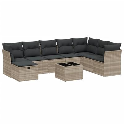 8-delige Loungeset met kussens poly rattan lichtgrijs