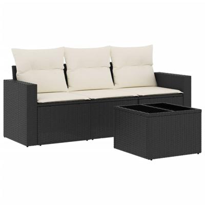 3-delige Loungeset met kussens poly rattan zwart - thumbnail