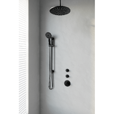 Black Edition thermostatische inbouw regendouche SET 24 - 30 cm douchekop, plafondarm, 3-standen handdouche, doucheslang, en geïntegreerde glijstang (mat zwart)