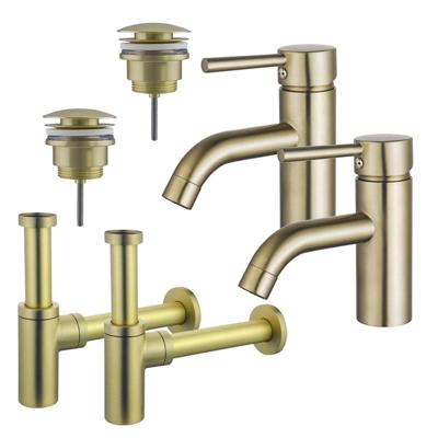 Fortifura Calvi Wastafelkraanset - voor dubbele wastafel - lage wastafelkraan - klikwaste plug - design sifon - Geborsteld Messing PVD (Goud) 2x SW720547/2x SW696202/2x SW696213 Fortifura Calvi Wastafelkraanset - voor dubbele wastafel - lage wastafelkraan - klikwaste plug - design sifon - Geborsteld Messing PVD (Goud) 2x SW720547/2x SW696202/2x SW696213