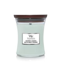 WoodWick Geurkaars Medium Sagewood & Seagrass - 11 cm / ø 10 cm - Geurkaars in Glas - Houten Lont - thumbnail
