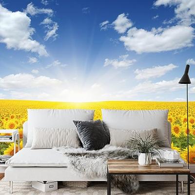 Fotobehang - Veld met bloeiende Zonnebloemen, geel/blauw, te koop in 11 maten, incl behanglijm - thumbnail