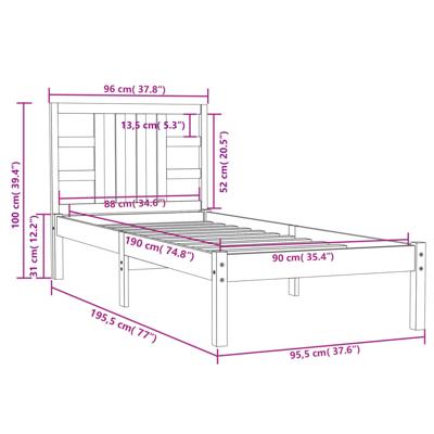 Bedframe massief hout 90x190 cm