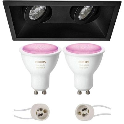 Pragmi Zano Pro - Inbouw Rechthoek Dubbel - Mat Zwart - Kantelbaar - 185x93mm - Philips Hue - LED Spot Set GU10 - White and Color Ambiance - Bluetooth