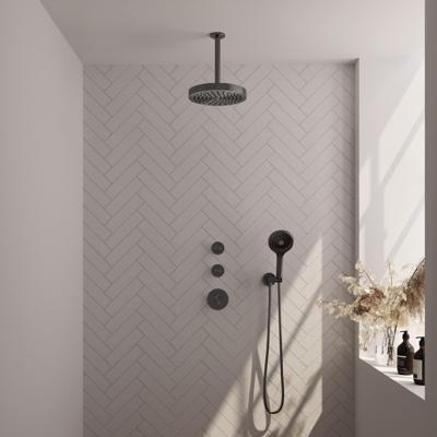 Brauer Stripe thermostatische inbouw regendouche SET 06 met 25 cm douchekop en plafondarm en 3-standen handdouche en doucheslang en wandaansluitbocht gunmetal geborsteld PVD