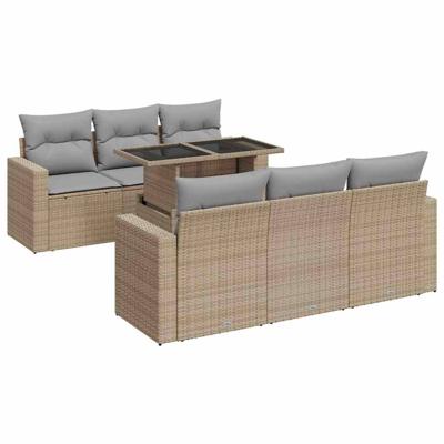 7-delige Loungeset met kussens poly rattan beige