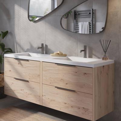 Saqu Lima badmeubel incl. dubbele glans witte wastafel 160x52x64cm naturel eiken - geborsteld zwarte greep