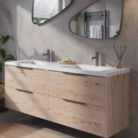 Saqu Lima badmeubel incl. dubbele glans witte wastafel 160x52x64cm naturel eiken - geborsteld zwarte greep - thumbnail