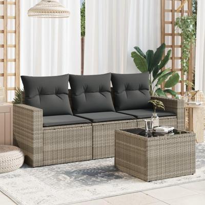 4-delige Loungeset met kussens poly rattan lichtgrijs - thumbnail