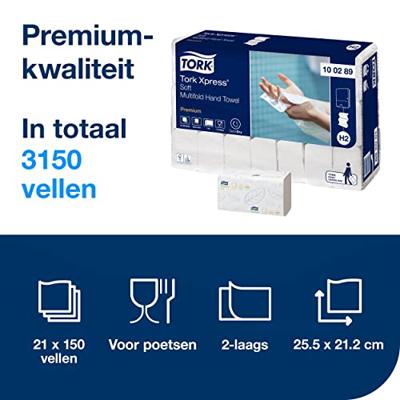 Handdoek Tork H2 100289 Premium 2laags 21,2x25,5 cm 21x150st