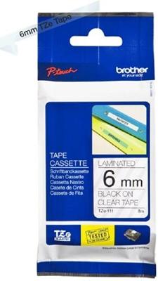 Labeltape Brother P-touch TZe-111 standaard 6mm zwart op transparant | 25 stuks