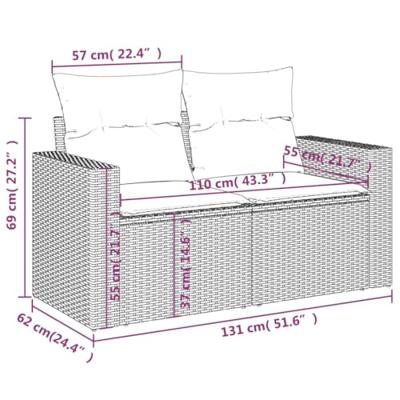 Tuinbank 2-zits met kussens poly rattan lichtgrijs