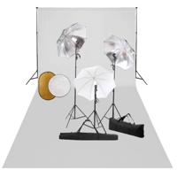 Fotostudioset met lampen, paraplu's, achtergrond en reflector - thumbnail