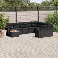 10-delige Loungeset met kussens poly rattan zwart - thumbnail