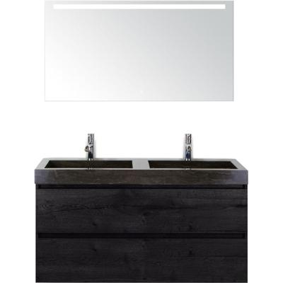 Maxx XL Badmeubelset 120 cm - Black Oak - Wastafel Lucca Dubbel 2 Kraangaten met LED Spiegel