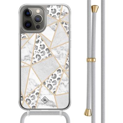 iPhone 12 (Pro) hoesje met grijs koord - Stone & leopard iPhone 12 (Pro) hoesje met grijs koord - Stone & leopard