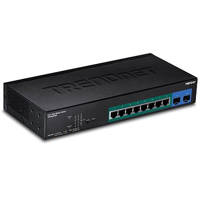 TRENDnet, TPE-082WS, 10-poorts Gigabit PoE+ switch, 8 x Gigabit PoE+ poorten, 2 x DDR-slots, Vlan, QoS, Lacp, en IPv6 ondersteuning, 75 W PoE-082WS