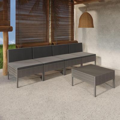 5-delige Loungeset met kussens poly rattan grijs