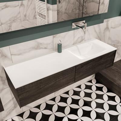 Mondiaz Lush Cloud badmeubel eiken Dark brown 150 cm 2 lades solid surface enkele spoelbak rechts zonder kraangat
