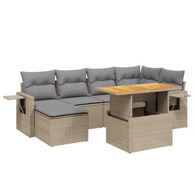 7-delige Loungeset met kussens poly rattan beige