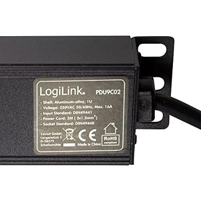 LogiLink PDU9C02 19 inch Stekkerdoos voor patchkast 1 HE Geaarde contactdoos Met schakelaar Zwart