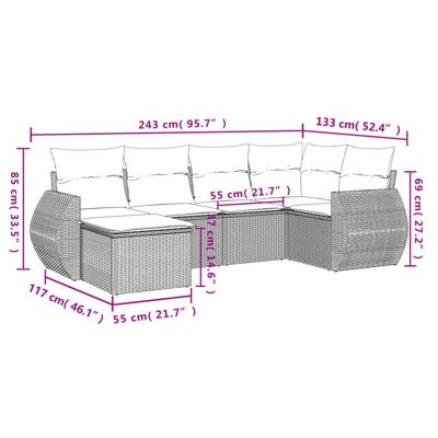 6-delige Loungeset met kussens poly rattan bruin