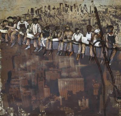 Schilderij - Metaalschilderijen - Mannen lunchen op wolkenkrabber, 100x100cm