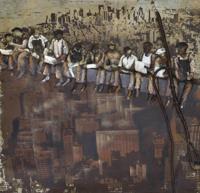 Schilderij - Metaalschilderijen - Mannen lunchen op wolkenkrabber, 100x100cm - thumbnail